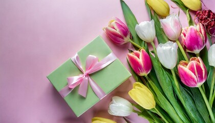 gift box tulip flower top view copy space pink background greeting card