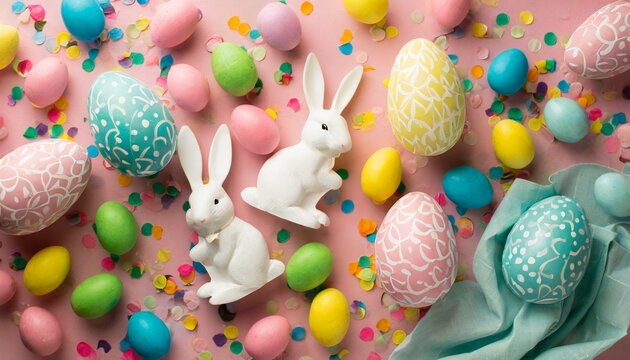 top view photo of easter decorations glowing confetti white easter bunnies and multicolored eggs on pastel pink background