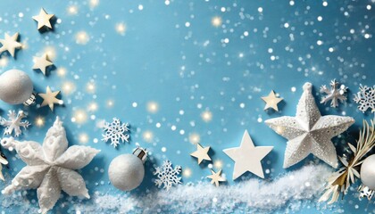 christmas background with decorative snow and stars on light blue