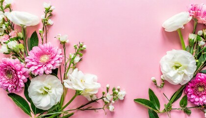 flowers composition pink and white flowers on pastel pink background flat lay top view copy space
