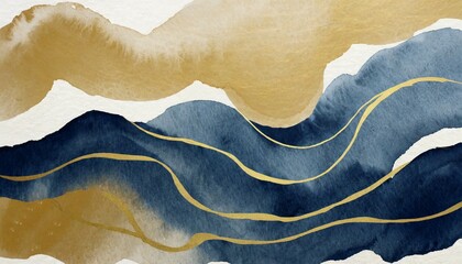 abstraction wavy blue beige watercolor stain grunge texture background navy tan gold water wave illustration nautical ocean wave backdrop modern ink lines sea waves minimalist painting