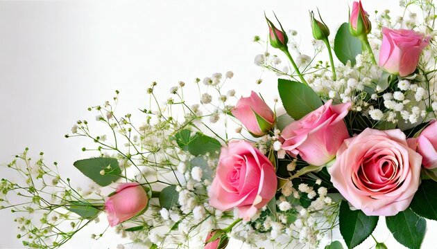 pink rose eustoma and gypsophila flowers in a corner floral arrangement on white or background