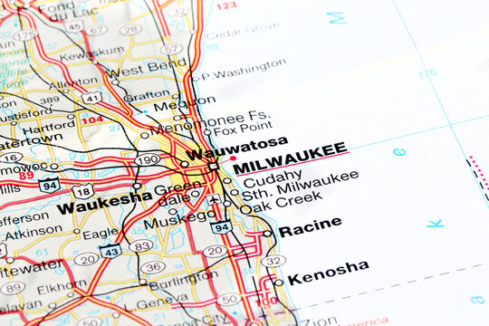 Milwaukee, United States - November 29, 2023: Milwaukee city road map. Closeup macro view