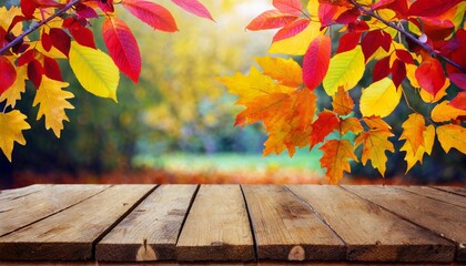 Naklejka na ściany i meble wooden table and blurred autumn background autumn concept with red yellow leaves background