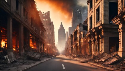 empty street of burnt up city apocalyptic view of city downtown as disaster film poster concept city destroyed by war - obrazy, fototapety, plakaty