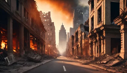 Foto op Canvas empty street of burnt up city apocalyptic view of city downtown as disaster film poster concept city destroyed by war © Florence