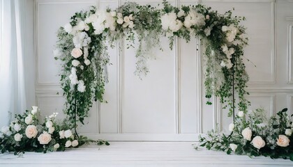 Fototapeta na wymiar wedding clean backdrop aesthetic flower decoration white indoor minimalist studio background