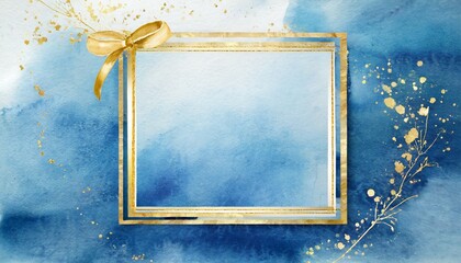 rectangular gold frame on an abstract blue background modern watercolor texture template a beautiful invitation card for a celebration or wedding