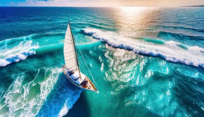 wave and sail yacht on the sea as a background sea and waves from top view blue water background...