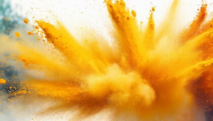 bright yellow orange holi paint color powder festival explosion burst white background industrial print concept background