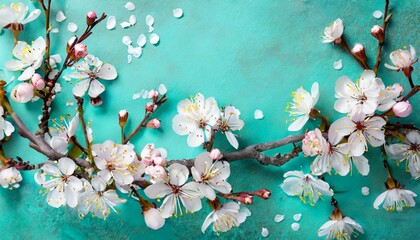 pretty spring cherry blossom branches on turquoise blue background with copy space for your design springtime holidays and nature concept