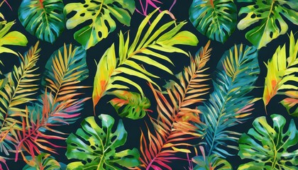 Fototapeta na wymiar tropical leaves in a bright coloured pattern on a dark background