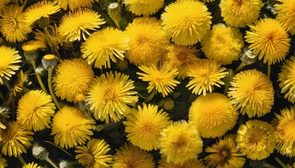 background and texture of yellow dandelions panorama view from above