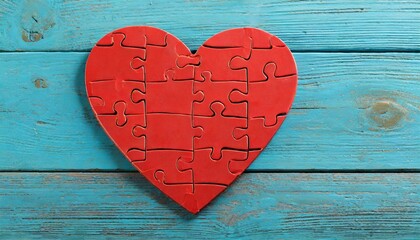 red puzzle heart on blue wooden background