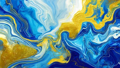 hand painted background with mixed liquid blue and golden paints abstract fluid acrylic painting...