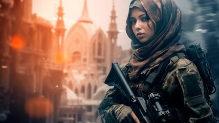 Malay woman in combat gear, against the backdrop of an abandoned city. Generative AI