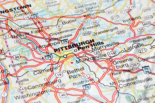 Pittsburgh, United States - January 10, 2024: Pittsburgh city road map. Closeup macro view