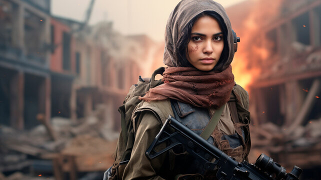 Malay woman in combat gear, against the backdrop of an abandoned city. Generative AI