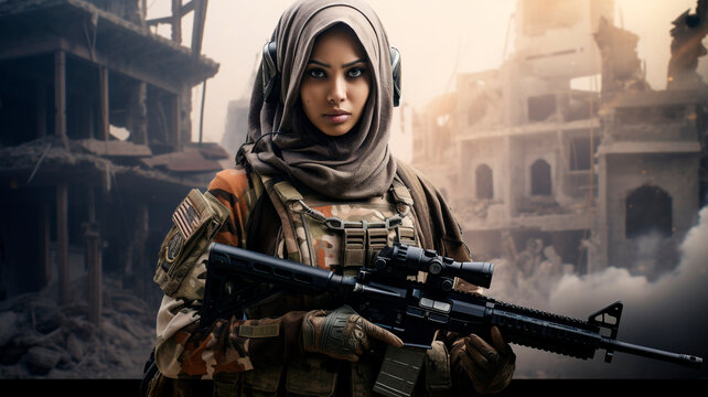 Malay woman in combat gear, against the backdrop of an abandoned city. Generative AI