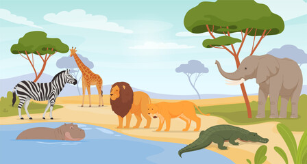 Obraz na płótnie Canvas Animals from the African continent at watering holes on the background of nature in a cartoon style. Carnivores and herbivores from the hot area. Vector illustration
