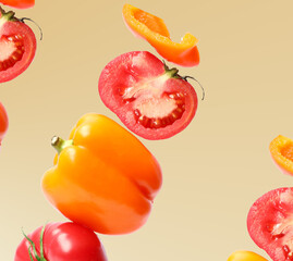 Creative concept made of tomatoes and peppers on the beige background. Flat lay. Food concept. Macro  concept.