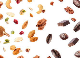 Creative concept made nuts and cacao beans and bars on the white background. Flat lay. Food concept. Macro  concept.