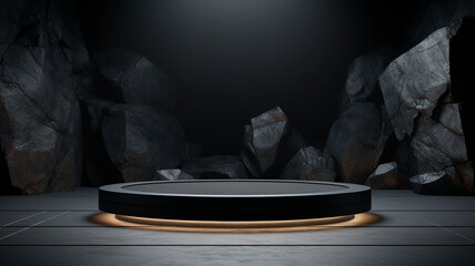 an elevated platform against a backdrop of black, dark and gray stone and rocks. Spotlights illuminate the platform, creating an interior for displaying goods. Generative AI