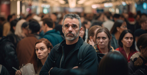 Obraz premium waiting in line in a crowd of people. a picture showing the emotions of delay and waiting for your turn. Generative AI