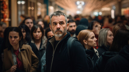 waiting in line in a crowd of people. a picture showing the emotions of delay and waiting for your turn. Generative AI - obrazy, fototapety, plakaty
