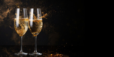 Glasses of champagne with golden ornaments and christmas balls with Bokeh light backgrounds, New year celebrations