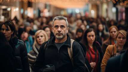 waiting in line in a crowd of people. a picture showing the emotions of delay and waiting for your turn. Generative AI