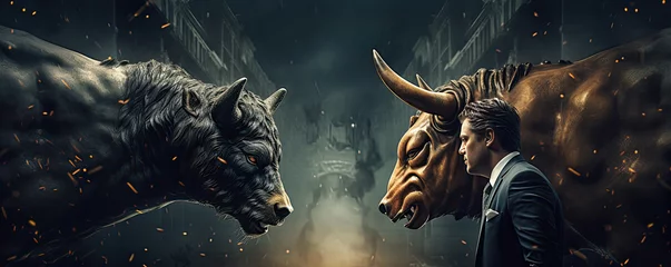 Fototapeten Angry Bulls fight in suits. Bull market bussiness concept. © Michal
