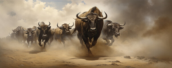 Horde of angry buffalos running to camera. cloud of dust everywhere. - obrazy, fototapety, plakaty