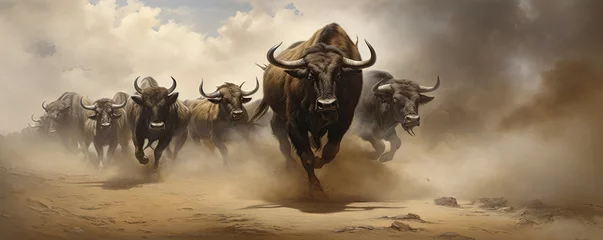 Türaufkleber Horde of angry buffalos running to camera. cloud of dust everywhere. © Michal