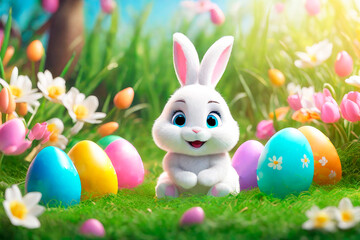 Fototapeta premium Happy Easter greeting cards. Easter eggs and floral decorative elements, 3d render modern illuatration.