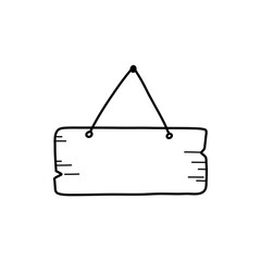Hand drawn wooden signboards doodle. Hanging door sign or frame, wooden plank in sketch style.