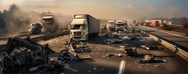 Heavy truck accident in evening on highway. - obrazy, fototapety, plakaty