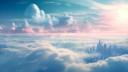 Amazing picture of clouds over cities, big skyscrapers under the clouds. view of megacities in the distance. Generative AI