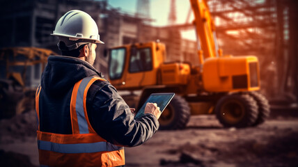 An engineer utilizing a tablet while engaged in work against the backdrop of heavy construction machinery at a construction site. Generative AI - obrazy, fototapety, plakaty