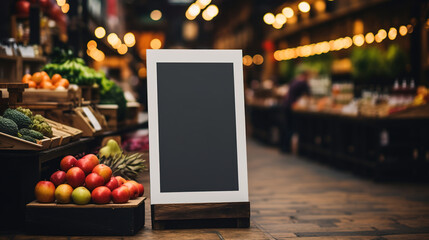 Generative AI, poster or signboard mock up for logo design, brand presentation on blurred food market background