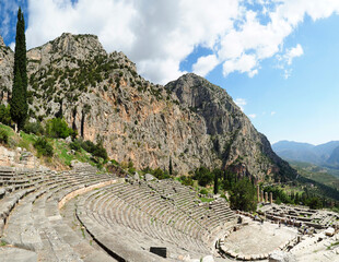 A Panorama of the Amphitheater and Mountains at the Delphi Oracle in Greece - 685851142
