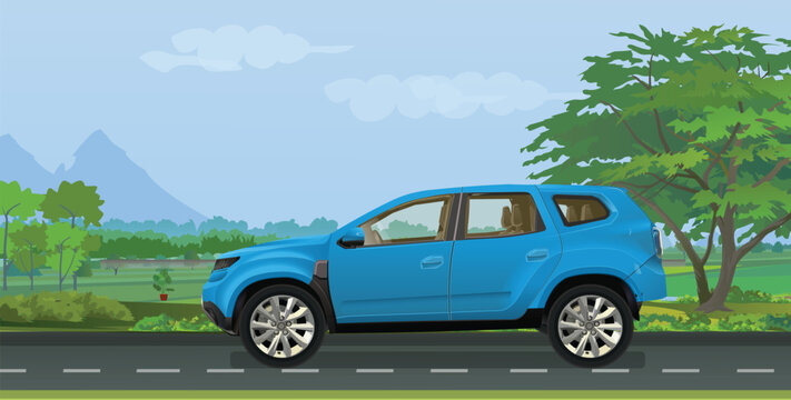 Flat vector cartoon style illustration of cars, skyline city office buildings, family houses in small town and mountain with green trees in background. Cars on the road.
