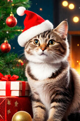 Domestic cute cat on a New Year's backgrounds with gifts. Winter holidays celebration.