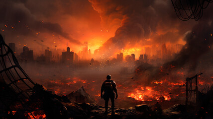
Brave Individual Amidst a Devastated Urban Landscape, Facing Fires and Explosions Following a Rocket Assault. Generative AI