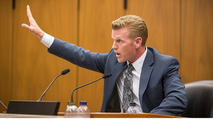 The Art of Argument: Showcase an advocate gesturing passionately during a courtroom debate, freezing a moment of legal eloquence in action