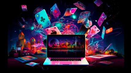 Online casinos, big gambling in your laptop. illustration of online gambling apps, generative AI 