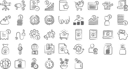 Wealth savings hand drawn icons set, including icons such as Analysis, Announce, Approve, Bar chart, and more. pencil sketch vector icon collection