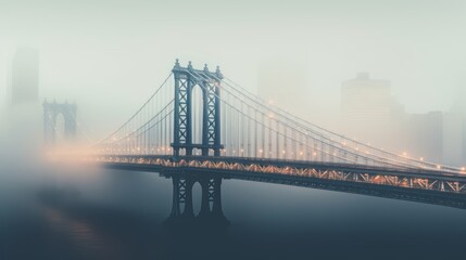 Fototapeta na wymiar Manhattan Bridge in fog, top view