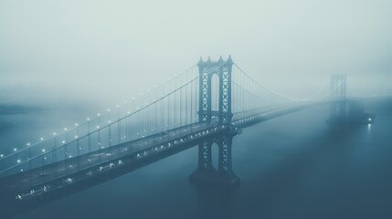 Fototapeta na wymiar Manhattan Bridge in fog, top view