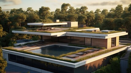 Fototapeta premium Luxury house with flat roof because the time for pointed roofs is over. Generative AI Technology